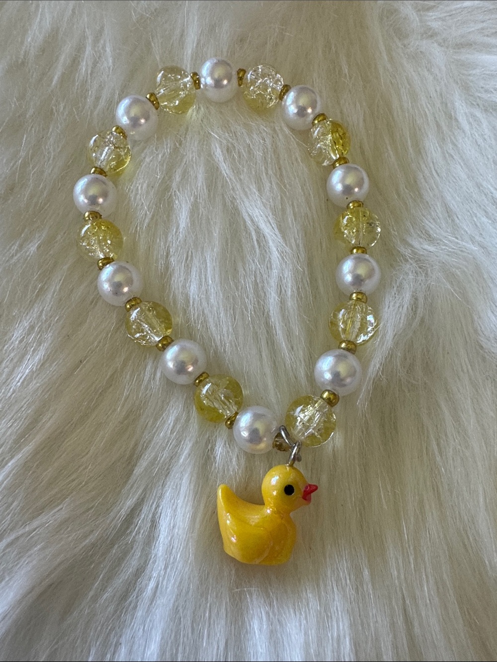 Yellow Duck Charm Beaded Bracelet with Pearl-like and Faceted Yellow Beads